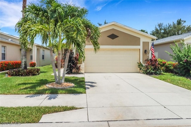 8644 Ibis Cove Cir, Naples, FL 34119 - single story home featuring concrete driveway, stucco siding, a front yard, and an attached garage