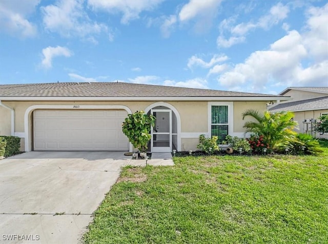 20013 Petrucka Cir N, Lehigh Acres, FL 33936 - single story home with stucco siding, concrete driveway, an attached garage, and a front lawn
