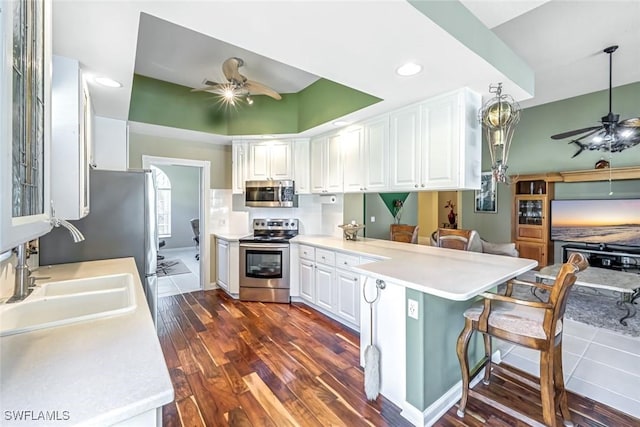 2799 Jude Island Way, Naples, FL 34119 - kitchen featuring stainless steel appliances, ceiling fan, a peninsula, a breakfast bar, and recessed lighting
