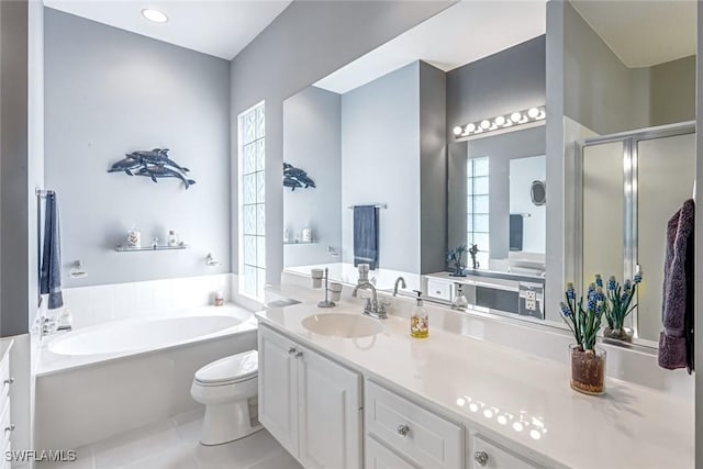 2799 Jude Island Way, Naples, FL 34119 - bathroom featuring a bath, vanity, tile patterned floors, and a stall shower