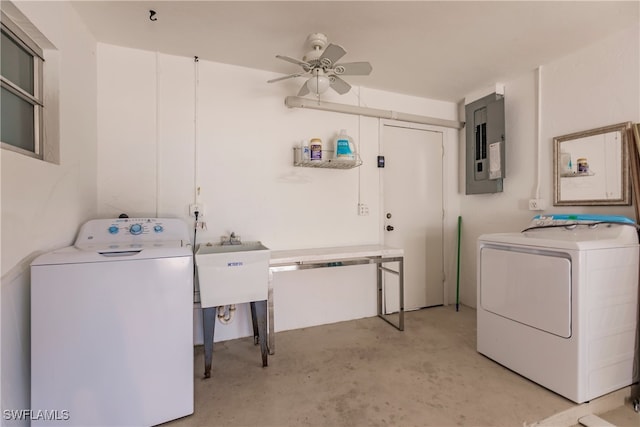 217 Yorkshire Ct Unit 2, Naples, FL 34112 - washroom with electric panel, ceiling fan, and independent washer and dryer