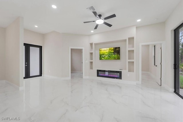 915 Anthony St E, Lehigh Acres, FL 33974 - unfurnished living room featuring marble tiled flooring, plenty of natural light, recessed lighting, and ceiling fan