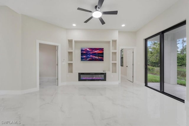915 Anthony St E, Lehigh Acres, FL 33974 - unfurnished living room featuring marble tiled flooring, recessed lighting, a ceiling fan, and a glass covered fireplace