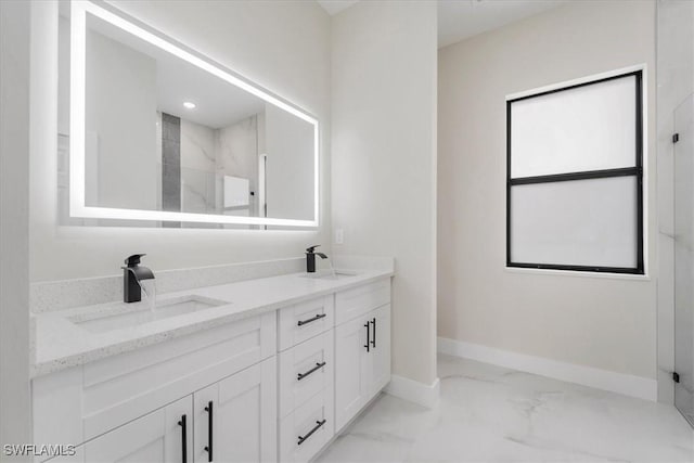 915 Anthony St E, Lehigh Acres, FL 33974 - bathroom featuring marble look tile flooring, double vanity, and a marble finish shower