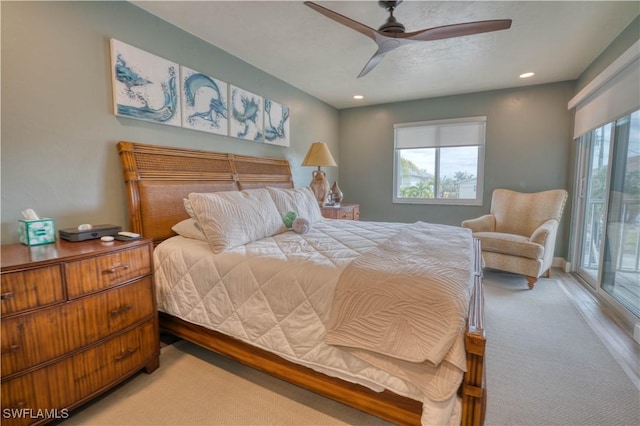6008 Cypress Ln, Bonita Springs, FL 34134 - bedroom with light colored carpet, access to outside, recessed lighting, and ceiling fan