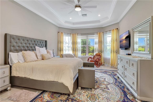 8142 Lucello Ter S, Naples, FL 34114 - bedroom with a raised ceiling, crown molding, ceiling fan, and light tile patterned floors