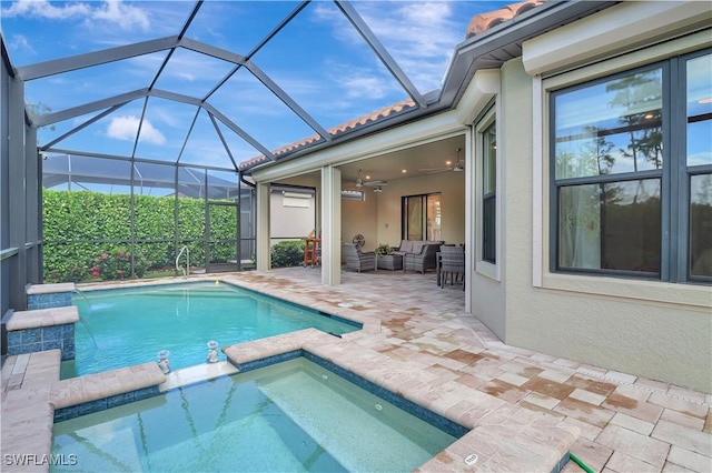 8142 Lucello Ter S, Naples, FL 34114 - view of pool with a patio, outdoor lounge area, a pool with connected hot tub, a ceiling fan, and a lanai