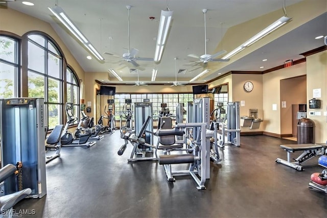 8142 Lucello Ter S, Naples, FL 34114 - workout area with lofted ceiling, ceiling fan, recessed lighting, and crown molding