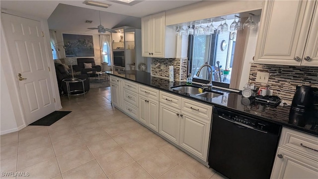 169 SE 21st St, Cape Coral, FL 33990 - kitchen featuring dishwasher, decorative backsplash, light tile patterned floors, and a ceiling fan