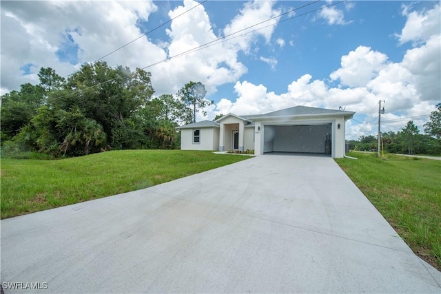 3407 E 5th St, Lehigh Acres, FL 33972 - ranch-style house with concrete driveway, a front yard, a garage, and stucco siding