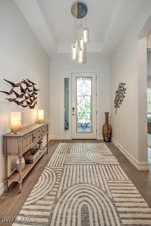 3649 Avenida Del Vera, North Fort Myers, FL 33917 - foyer entrance with wood finished floors, a raised ceiling, and a chandelier