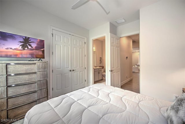3649 Avenida Del Vera, North Fort Myers, FL 33917 - bedroom featuring a closet, a ceiling fan, and wood finished floors