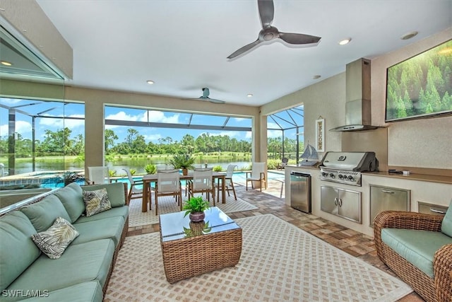 3649 Avenida Del Vera, North Fort Myers, FL 33917 - sunroom featuring an outdoor hangout area, exterior kitchen, a water view, and ceiling fan