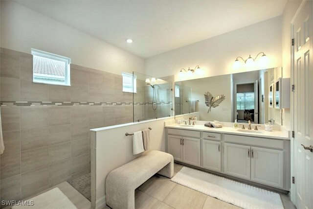 3649 Avenida Del Vera, North Fort Myers, FL 33917 - full bathroom with double vanity, walk in shower, tile patterned floors, and recessed lighting
