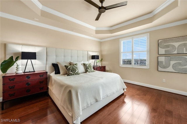 580 El Camino Real Unit 3606, Naples, FL 34119 - bedroom featuring a raised ceiling, hardwood / wood-style floors, ornamental molding, and a ceiling fan