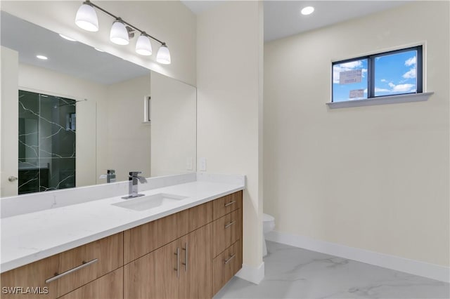 3307 18th St SW, Lehigh Acres, FL 33976 - bathroom with vanity, marble look tile flooring, recessed lighting, and a marble finish shower