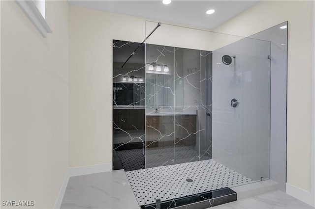 3307 18th St SW, Lehigh Acres, FL 33976 - full bathroom with marble finish floors, a marble finish shower, and recessed lighting