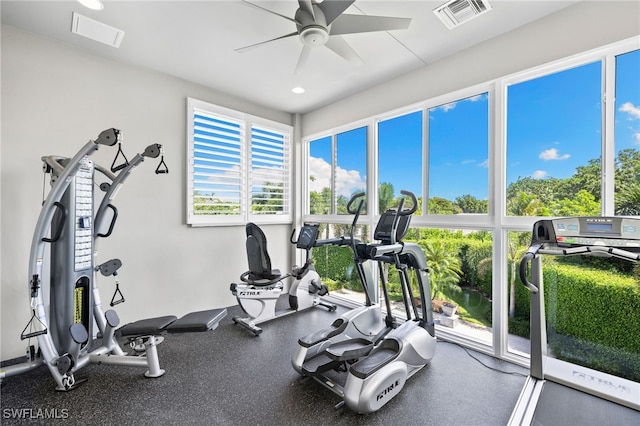 745 Riviera Dr, Naples, FL 34103 - exercise room featuring ceiling fan and recessed lighting
