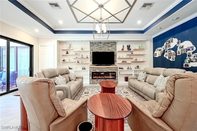 2110 Antigua Ln, Naples, FL 34120 - living room with a chandelier, crown molding, a tray ceiling, a fireplace, and recessed lighting
