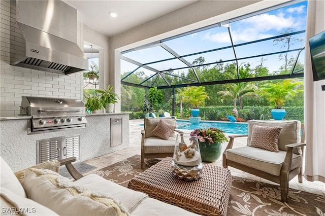 2110 Antigua Ln, Naples, FL 34120 - view of patio featuring an outdoor kitchen, an outdoor living space, an outdoor pool, and glass enclosure