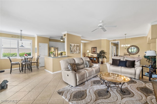 3904 Forest Glen Blvd Unit 102, Naples, FL 34114 - living room featuring ceiling fan, light tile patterned flooring, ornamental molding, and a chandelier