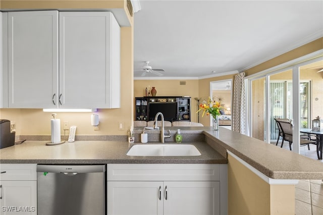 3904 Forest Glen Blvd Unit 102, Naples, FL 34114 - kitchen featuring stainless steel dishwasher, white cabinets, crown molding, a ceiling fan, and open floor plan