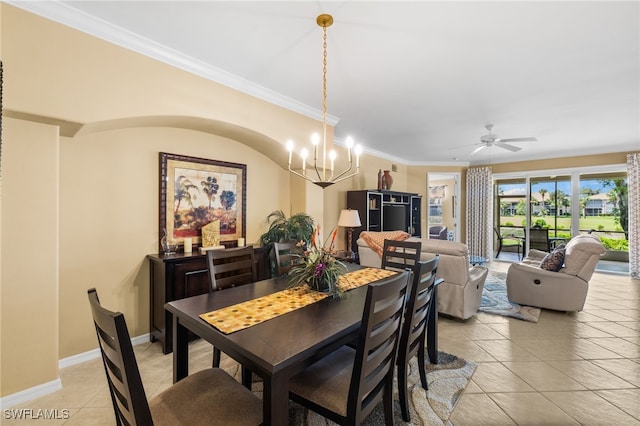 3904 Forest Glen Blvd Unit 102, Naples, FL 34114 - dining room with crown molding, light tile patterned floors, a chandelier, and ceiling fan