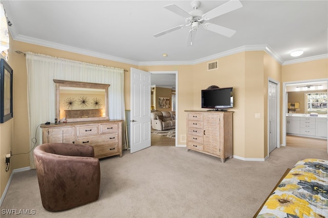 3904 Forest Glen Blvd Unit 102, Naples, FL 34114 - bedroom featuring crown molding, light colored carpet, ensuite bathroom, and ceiling fan