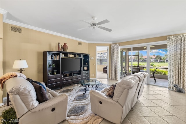 3904 Forest Glen Blvd Unit 102, Naples, FL 34114 - living area featuring a ceiling fan, crown molding, and light tile patterned floors