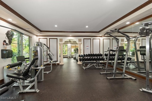 1170 Reserve Way Unit 107, Naples, FL 34105 - workout area with crown molding, recessed lighting, and arched walkways