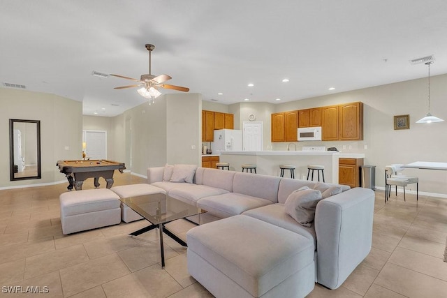 3781 Costa Maya Way Unit 101, Estero, FL 33928 - living room featuring light tile patterned floors, pool table, recessed lighting, and ceiling fan