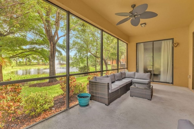 3781 Costa Maya Way Unit 101, Estero, FL 33928 - sunroom featuring a water view, an outdoor living space, and ceiling fan
