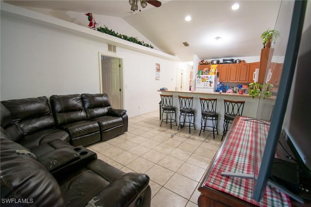 4856/4858 24th St SW, Lehigh Acres, FL 33993 - living area with lofted ceiling, light tile patterned floors, a bar, ceiling fan, and recessed lighting