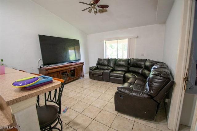4856/4858 24th St SW, Lehigh Acres, FL 33993 - living area featuring vaulted ceiling, ceiling fan, and light tile patterned flooring