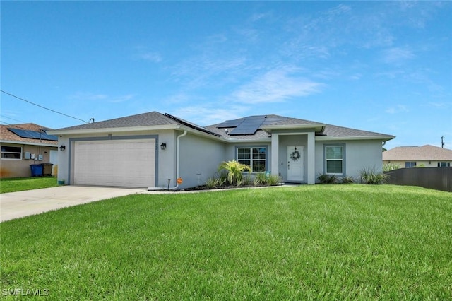 2922 20th St SW, Lehigh Acres, FL 34120 - ranch-style home featuring an attached garage, roof mounted solar panels, stucco siding, and driveway