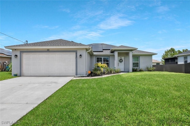 2922 20th St SW, Lehigh Acres, FL 34120 - ranch-style house with stucco siding, solar panels, concrete driveway, and a garage