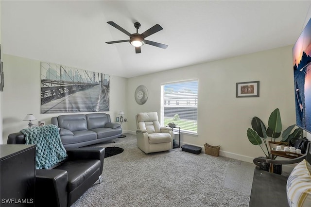 2922 20th St SW, Lehigh Acres, FL 34120 - carpeted living area featuring ceiling fan and vaulted ceiling