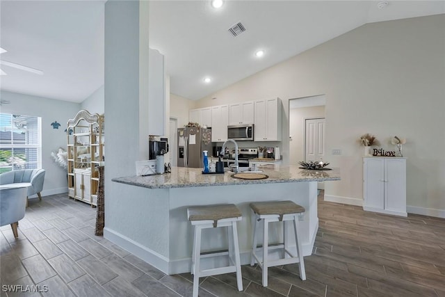 2922 20th St SW, Lehigh Acres, FL 34120 - kitchen with appliances with stainless steel finishes, lofted ceiling, a peninsula, white cabinets, and light stone countertops
