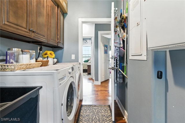 4440 40th St NE, Naples, FL 34120 - laundry area with separate washer and dryer, cabinet space, wood finished floors, and electric panel