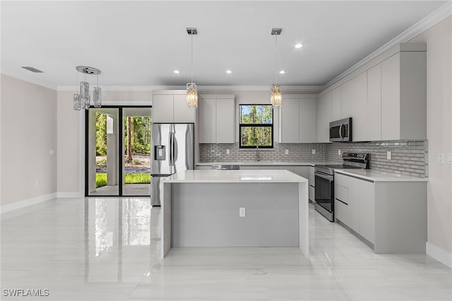 2717 10th Ave SE, Naples, FL 34117 - kitchen with stainless steel appliances, gray cabinetry, backsplash, a center island, and modern cabinets