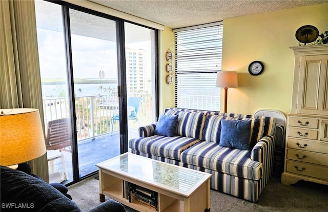 8701 Estero Blvd Unit 605, Bonita Springs, FL 33931 - carpeted living area featuring healthy amount of natural light, a water view, a wall of windows, and a textured ceiling