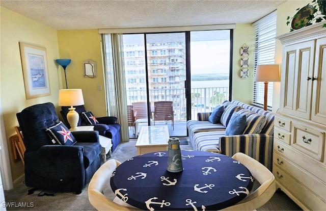 8701 Estero Blvd Unit 605, Bonita Springs, FL 33931 - carpeted living room featuring floor to ceiling windows and a textured ceiling