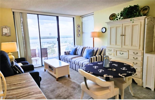 8701 Estero Blvd Unit 605, Bonita Springs, FL 33931 - living room with carpet flooring, a textured ceiling, and a wall of windows