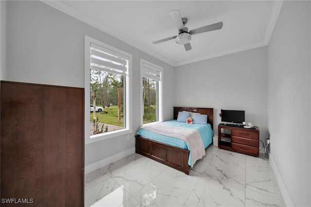 4267 4th Ave SE, Naples, FL 34117 - bedroom with crown molding, light marble finish flooring, and a ceiling fan
