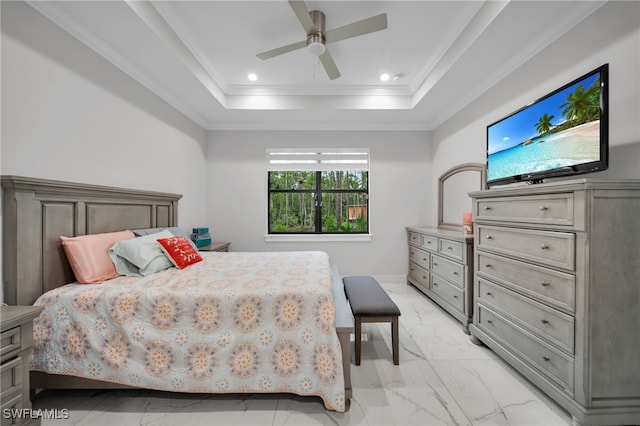 4267 4th Ave SE, Naples, FL 34117 - bedroom featuring light marble finish flooring, a raised ceiling, ornamental molding, recessed lighting, and ceiling fan