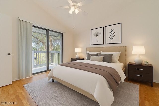 6296 Sugar Bush Ln Unit A, Fort Myers, FL 33908 - bedroom with access to outside, light wood-type flooring, lofted ceiling, and a ceiling fan
