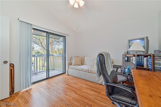 6296 Sugar Bush Ln Unit A, Fort Myers, FL 33908 - home office featuring lofted ceiling, wood finished floors, and ceiling fan