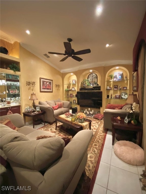 291 Everglades Blvd N, Naples, FL 34120 - living room featuring light tile patterned floors, built in shelves, crown molding, a ceiling fan, and lofted ceiling