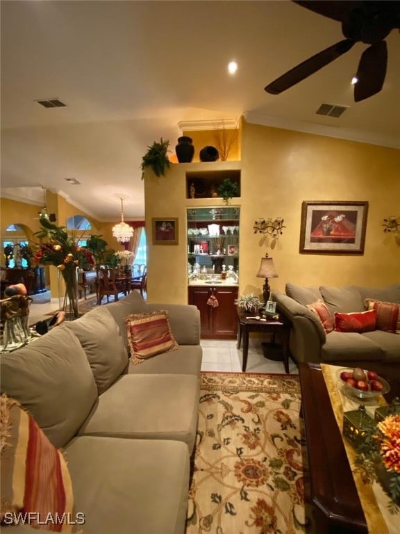 291 Everglades Blvd N, Naples, FL 34120 - living room featuring ceiling fan, vaulted ceiling, a chandelier, ornamental molding, and recessed lighting