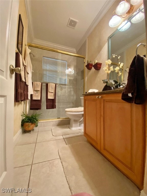 291 Everglades Blvd N, Naples, FL 34120 - bathroom with vanity, tile patterned floors, crown molding, and a stall shower